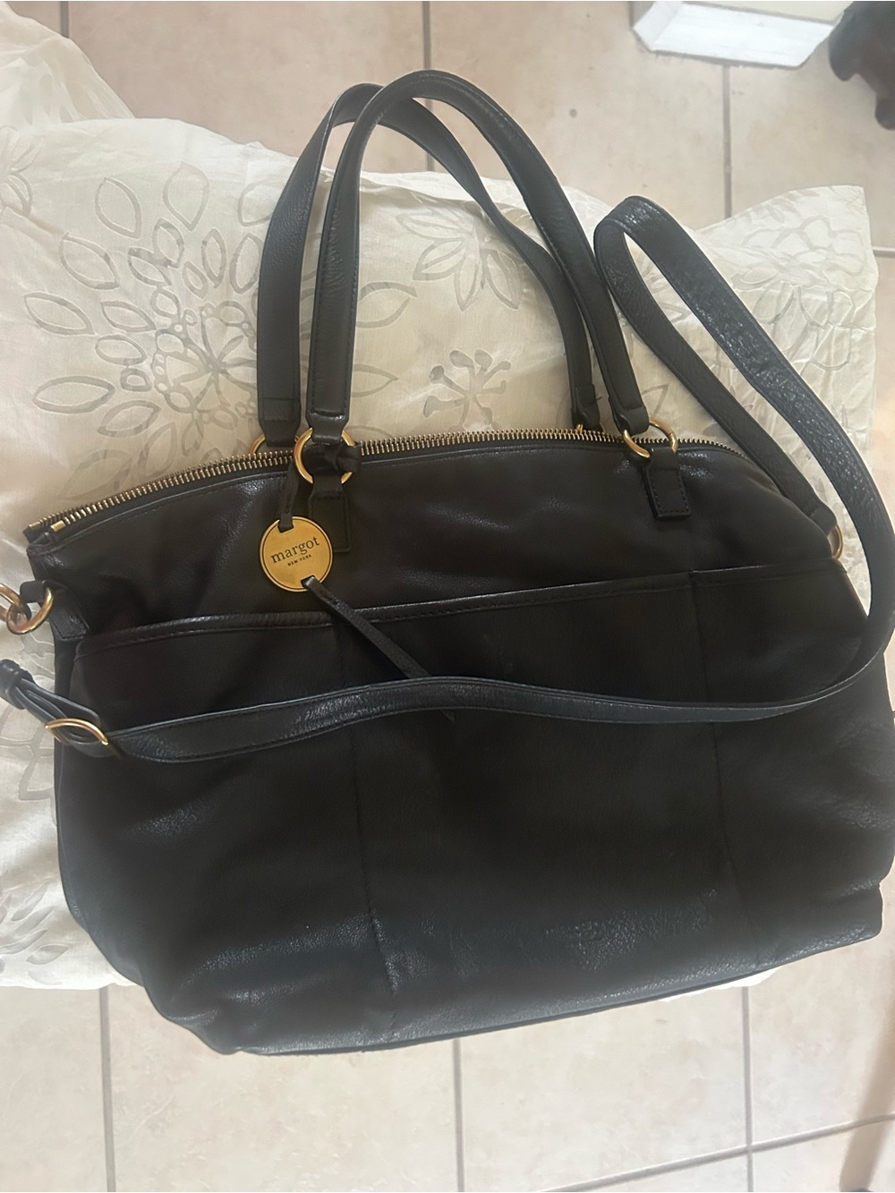 margot Black Leather Shoulder Tote with Gold Accent Charm